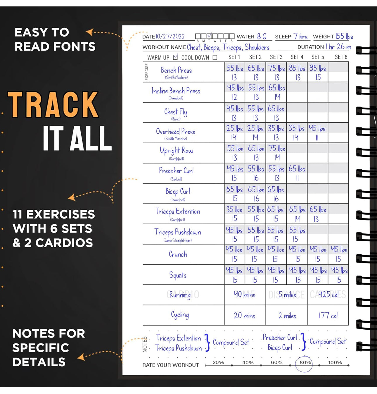 Hardcover Fitness Journal Workout Planner for Men & Women